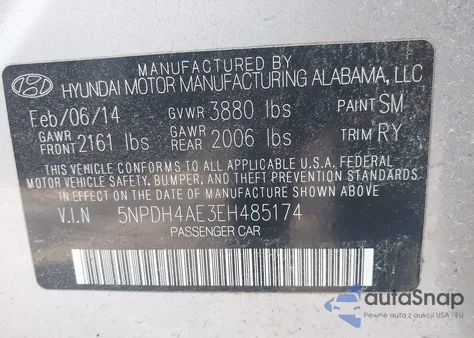 2014 Hyundai Elantra Limited from USA, damaged, VIN 5NPDH4AE3EH485174
